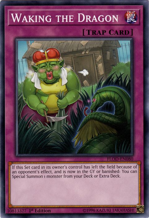 Yu-Gi-Oh! card
Waking the Dragon
Trap Card

If this Set card in its owner's control has left the field because of an opponent's effect, and is now in the GY or banished: you can now special summon 1 monster from your Deck or Extra Deck.