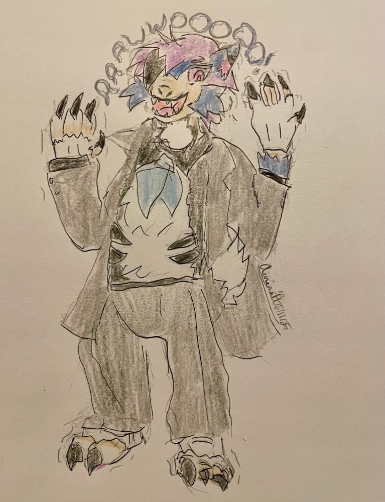 Vincent in the midst of turning into a shiny Midnight Lycanroc as he lets out a howl. Claws and merging fingers/toes ripping through gloves and shoes, spikes and tail shredding through clothing, all as he’s loving every bit of it.