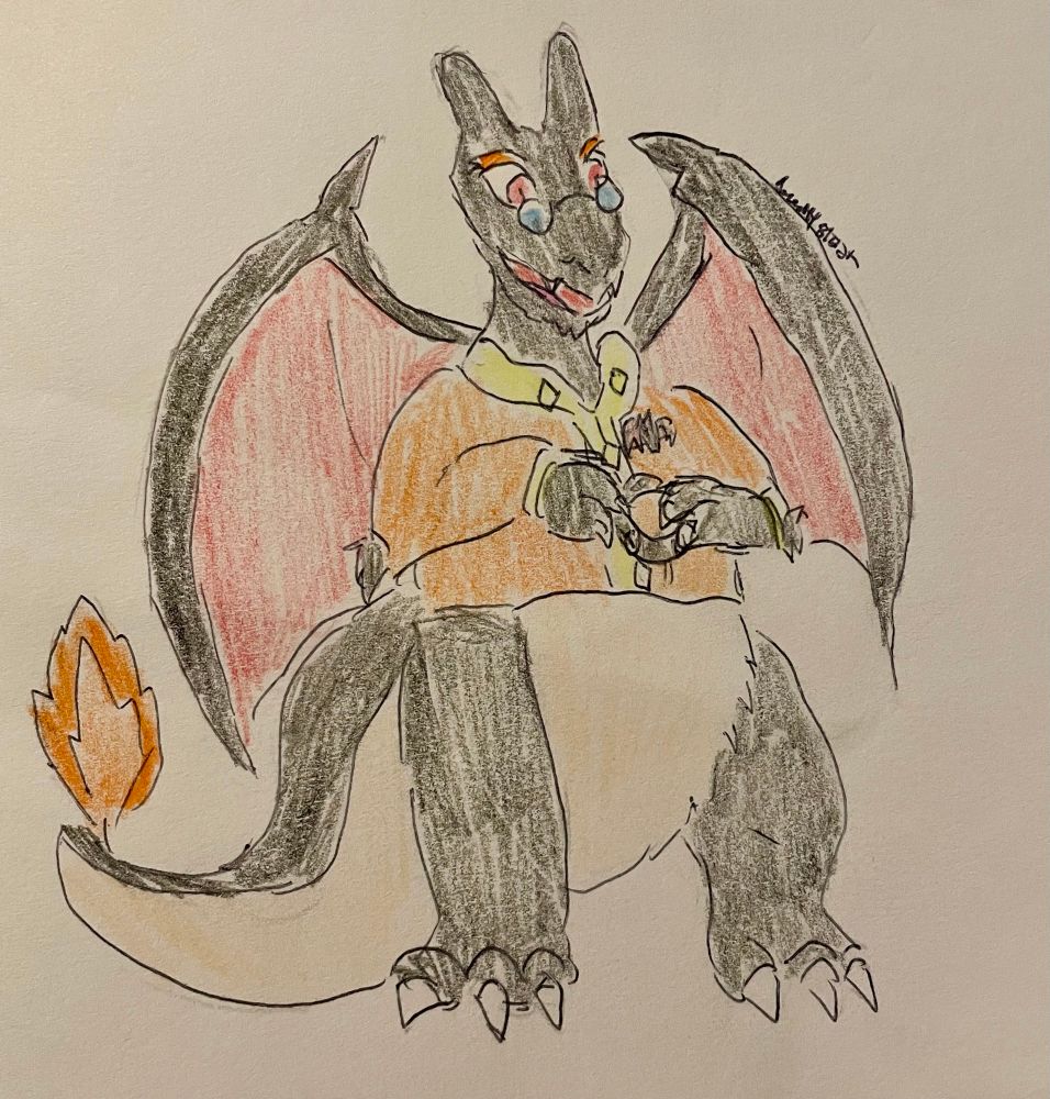 A furry shiny Charizard holding up a dog collar.