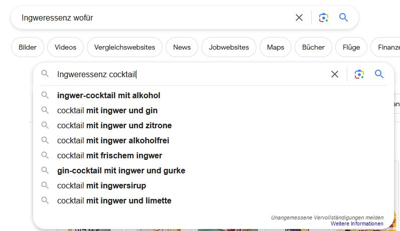 googlesuche, screenshot ingwer wofür, ingwer cocktail
