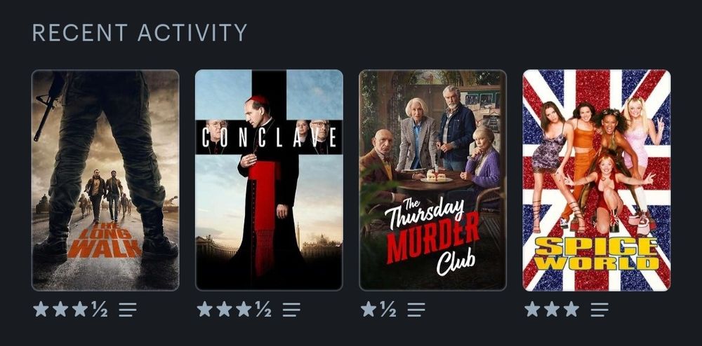 The Long Walk ⭐️⭐️⭐️.5
Conclave ⭐️⭐️⭐️.5
The Thursday Murder Club ⭐️.5
Spice World ⭐️⭐️⭐️