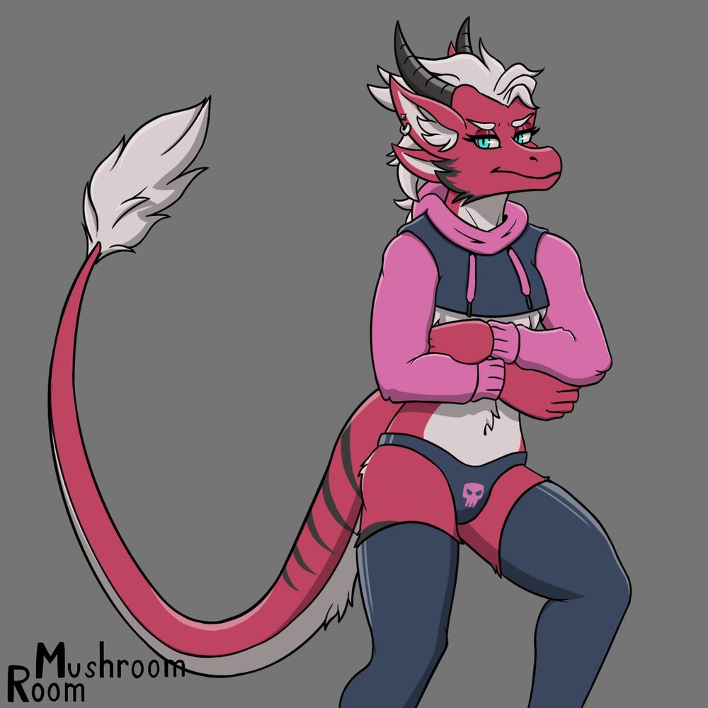 Malvi, the red dragon in a thong with a skull on it and a pink/black crop top hoodie