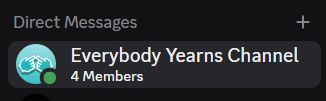 Discord group chat named "Everybody Yearns Channel". the icon is a variation on the logo for the "Everybody Votes Channel" from the Nintendo Wii, with two hands close together, the index fingers pressing.