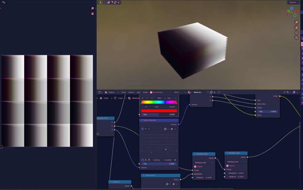 a series of slices of a 3d texture, incorporating both of the previous images details. the X and Y axis mimicking whats described in Barla06, and the Z axis now using the hue to drive it. The slices along the Z axis contains the same lightwarp but with hue and saturation changes.