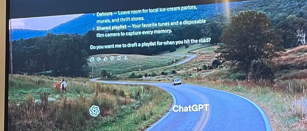 • Detoure - Leave room for local ice-cream parlors, murals, and thrift stores.
• Shared playlist - Your favorite tunes and a disposable film camera to capture every memory.
Do you want me to draft a playlist for when you hit the road?
•m
ChatGPT

Captions on screen advert for chat GPT in ad that suggests a sibling road trip can be planned by chat gpt 