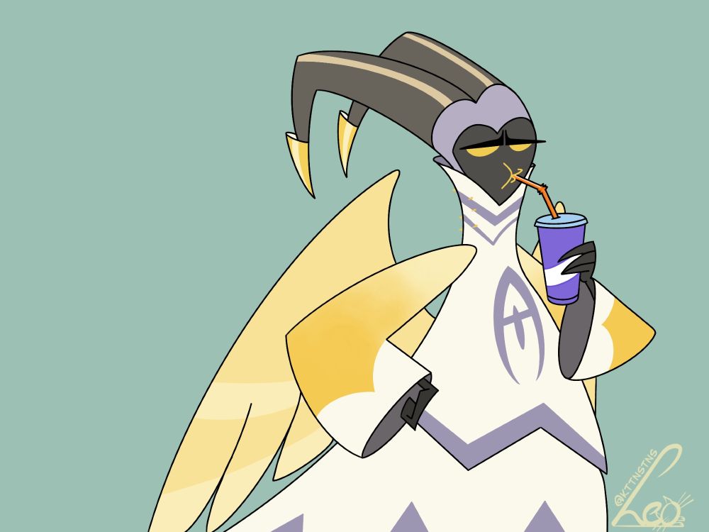 Adam from Hazbin Hotel is sipping with a straw from a cup (scene in episode 6 from season 1).