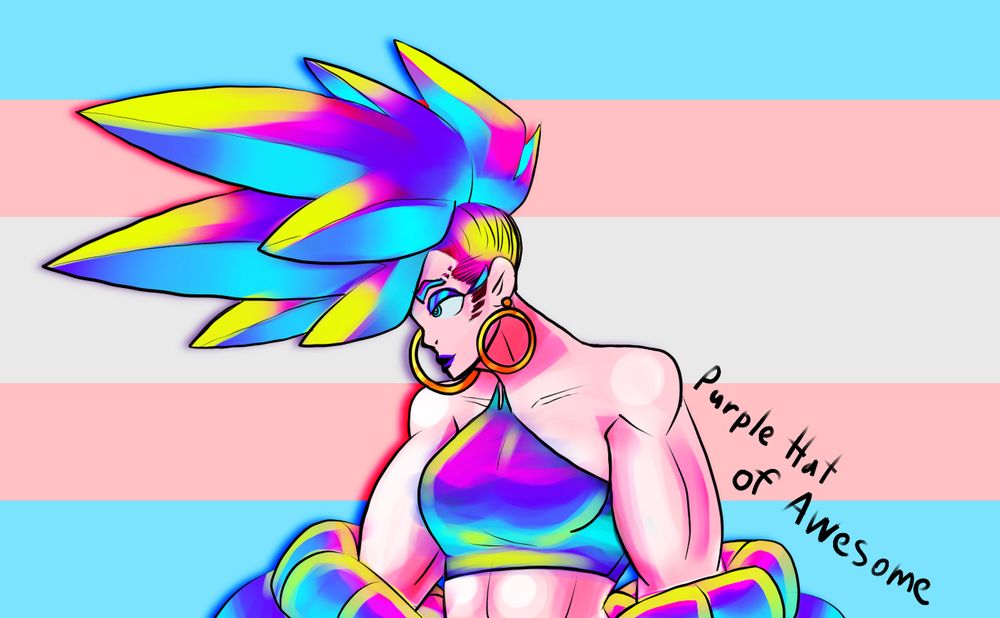 very colorful spiky haired lady standing in front of the trans flag