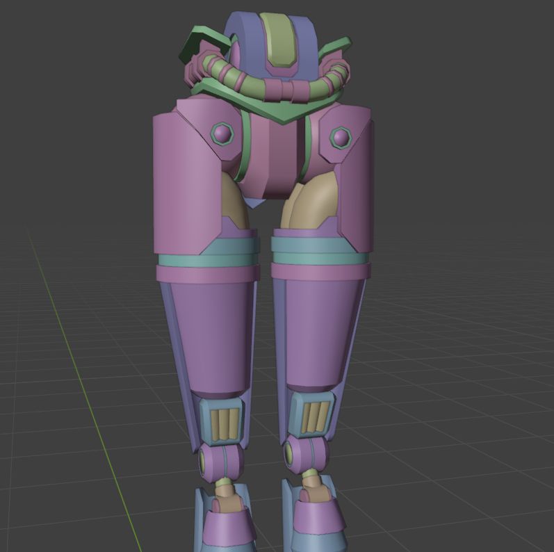Back view with the now undetailed central thigh build thing (purple cylinder), had to get rid of the gizmos because they didn't fit on the new thigh shape, I'll readd them later probably.