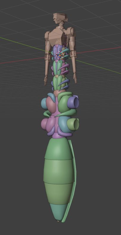Blender Scene including an orange jtma reference at the top with a bug-like growth where it's lower body should be.