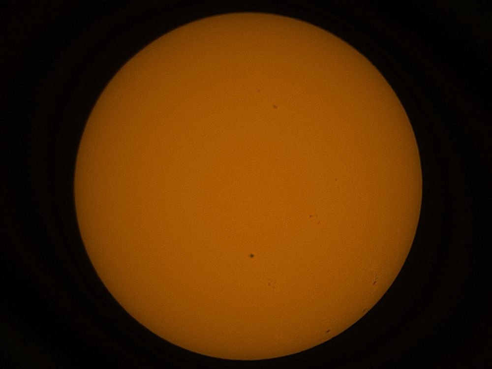 The solar disk imaged using a Unistellar EVScope with some small sunspots.