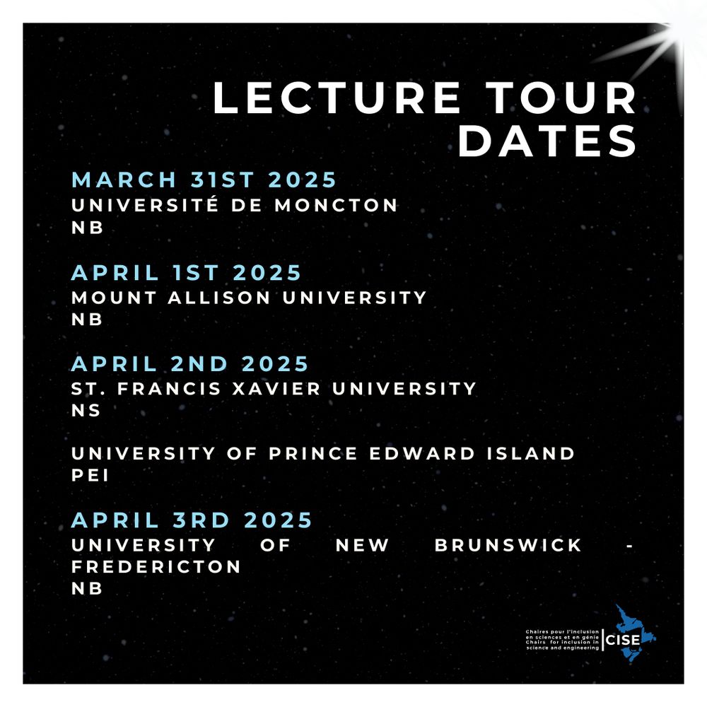 Poster listing the locations and dates for talks 
March 31 at Université de Moncton, April 1 at Mount Allison University, April 2 at St. Francis Xavier University and the University of P.E.I.  and April 3 at the University of New Brunswick Fredericton.