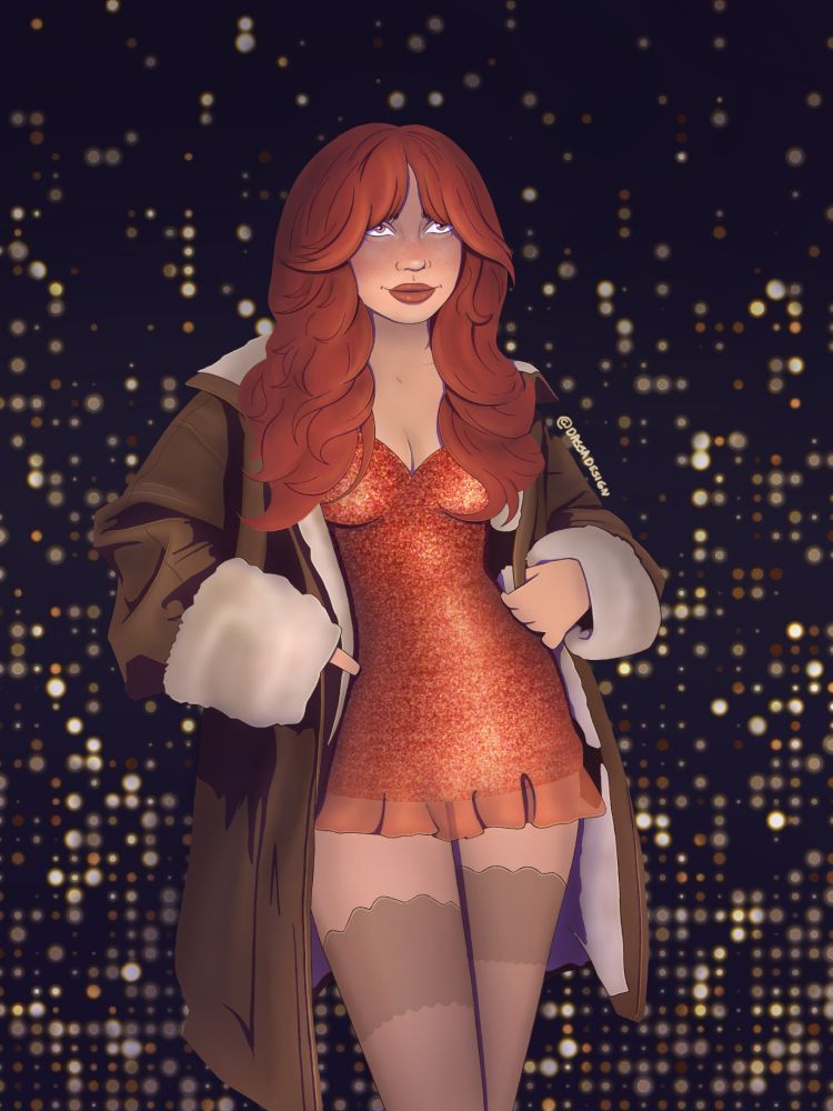 Ginger woman in a sparkly orange and red dress. She wears thigh highs and a big leather and fur coat with it. The background consists out of dark purple with golden lights dotted around 