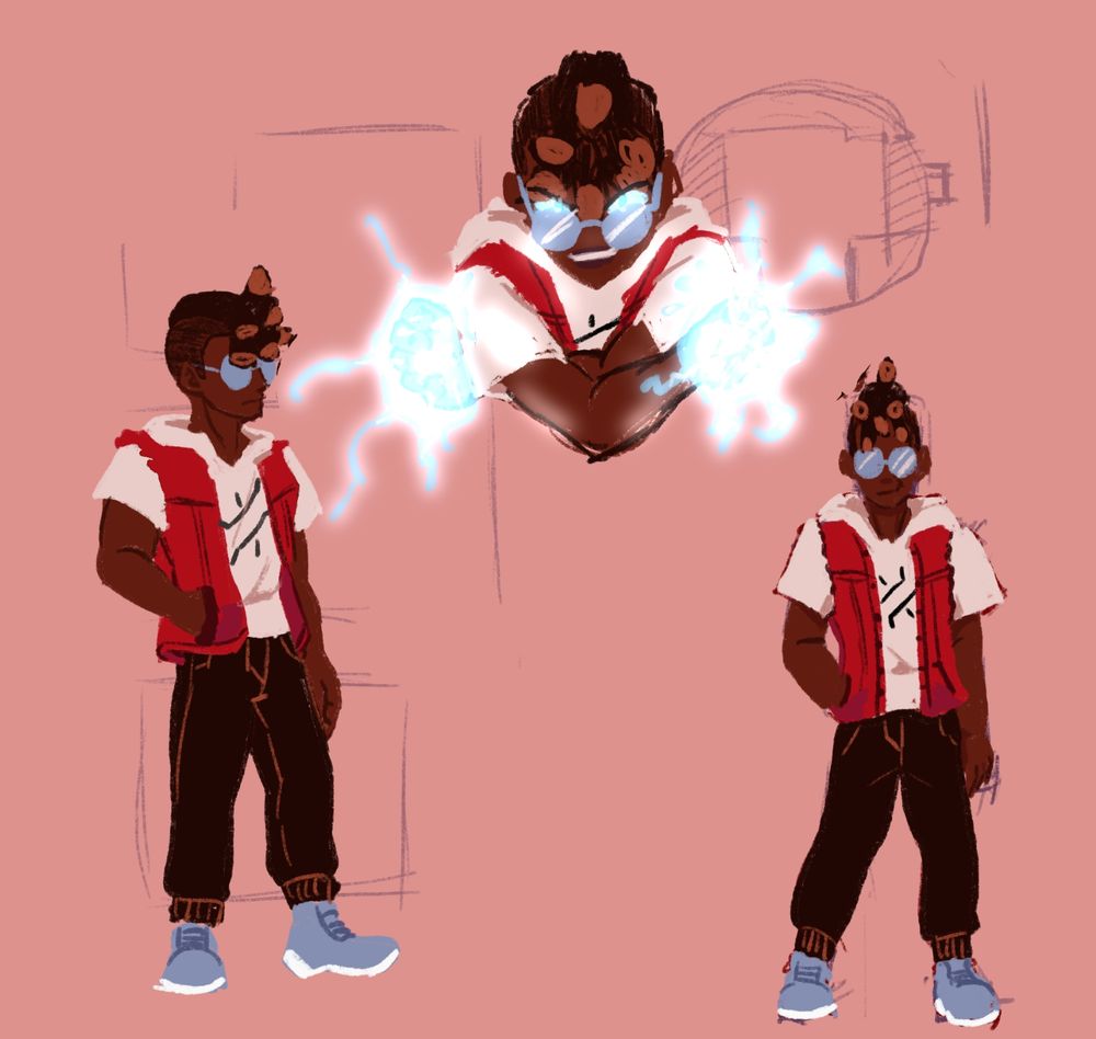 3 sketches of a guy standing with one arm in his pocket and the other one at his side