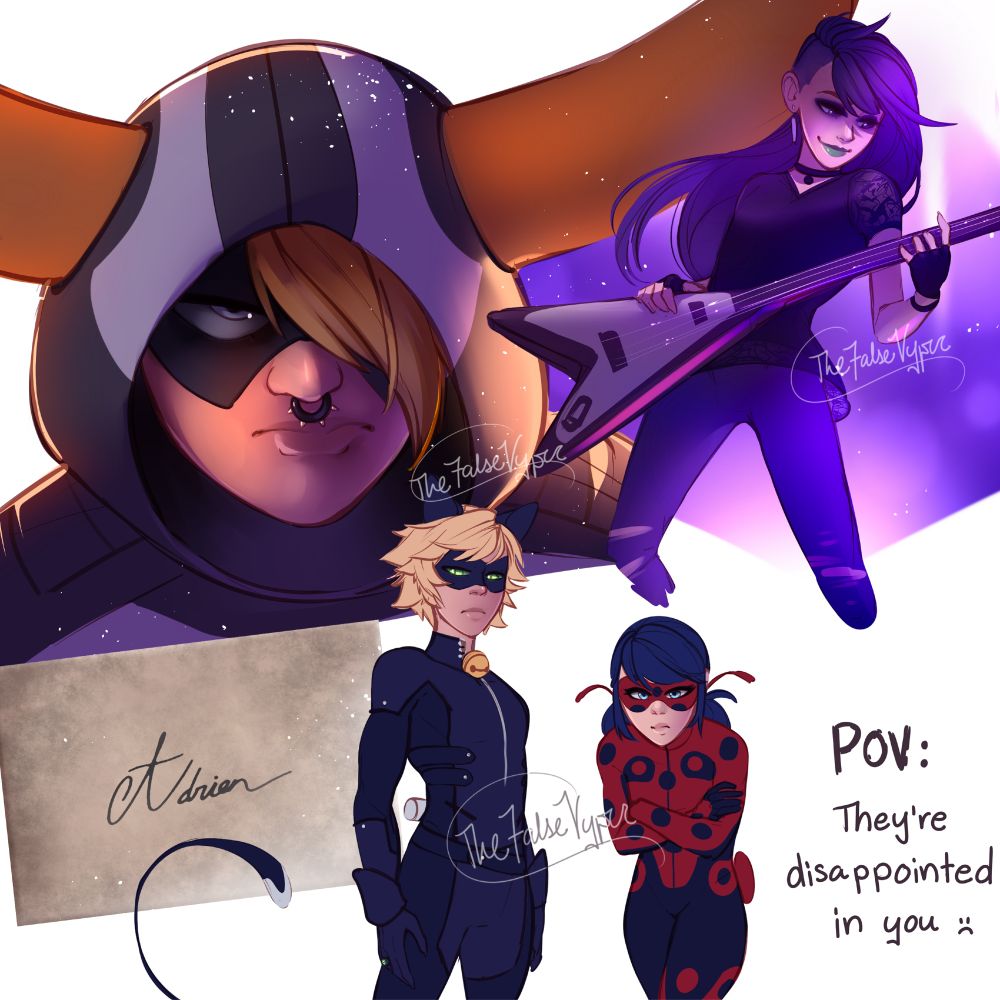 Juleka is playing her bass in the top right, Ivan as Minotaurox on the top left, the letter Marinette found is on the bottom left, and finally Ladynoir is standing together on the bottom looking very upset at the viewer. The text beside them says, "POV: They're disappointed in you".