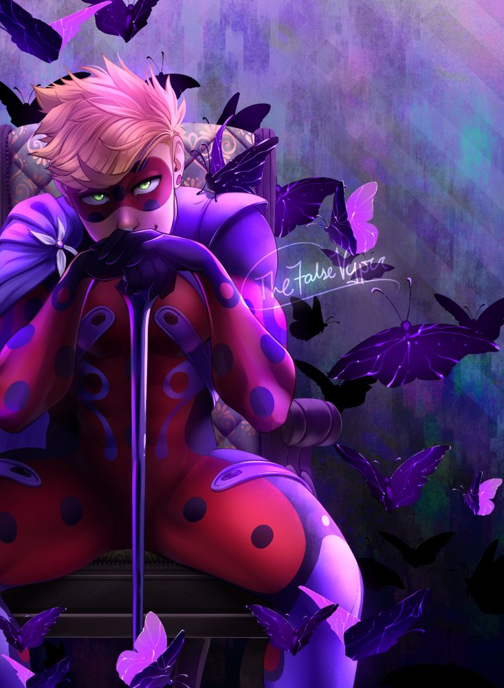 Mister Bug fused with the butterfly miraculous. He's surrounded by dark purple butterflies and staring forward, a smirk on his face, while resting his hands on a cane.
