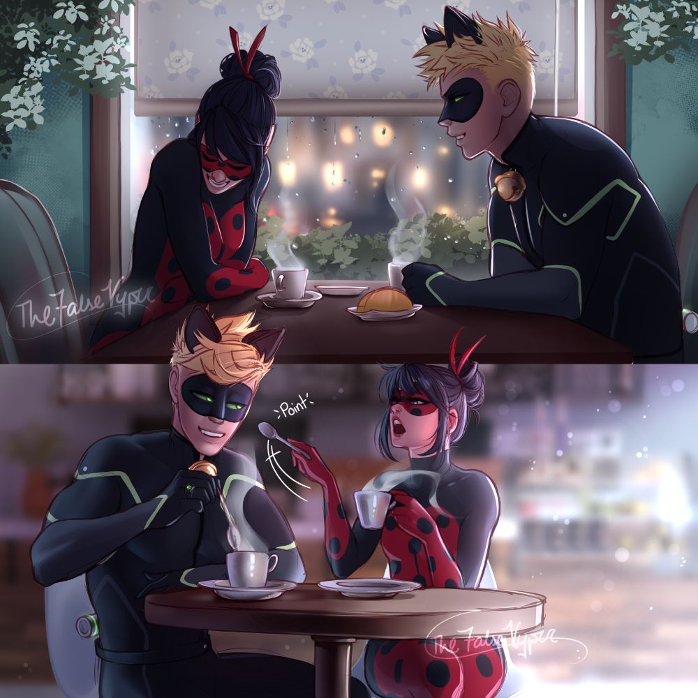 Ladynoir sitting together in a small coffee shop. In both pictures, they are smiling and enjoying each other's company.