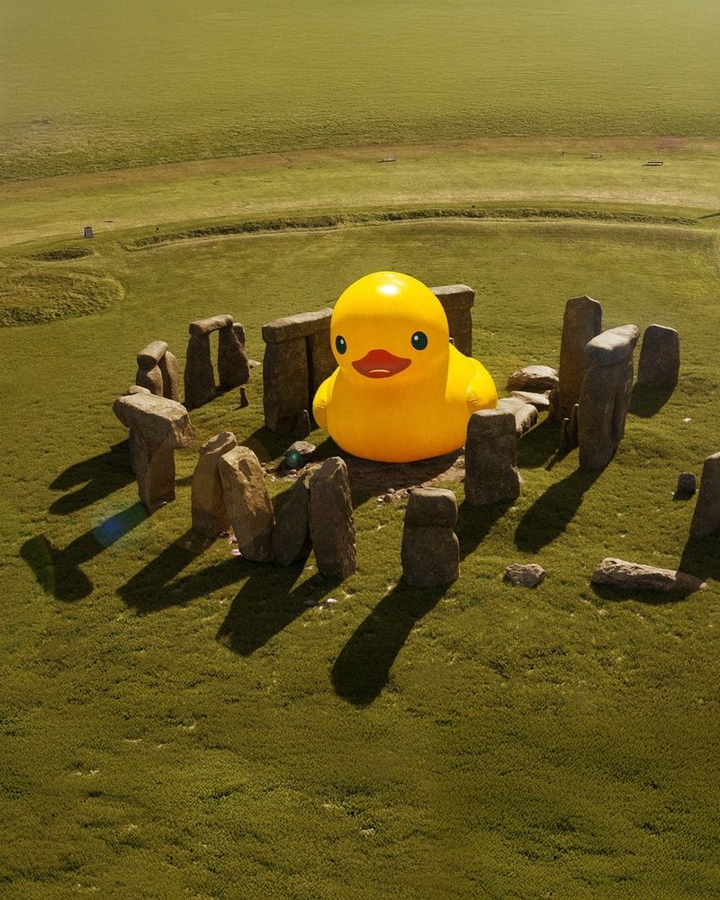 a large inflatable yellow duck sitting amidst England's stonehenge