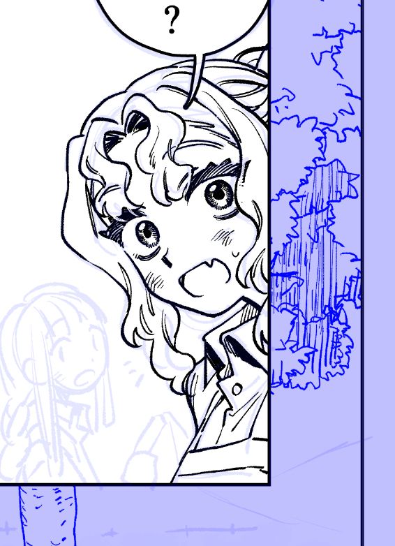 漫画のコマ　ふわふわの髪の女の子(庭仕事中でちょっとほおに泥がついてる)がこっちに目線をよこしている