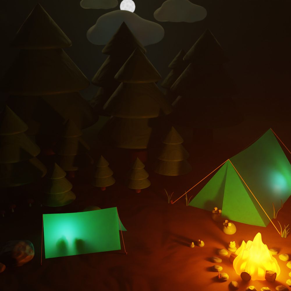 Title: Scary Stories to tell in the Dark
Two tents in a dark wood, five frogs sit on the right side, near the fire(two bigger frogs exit a tent, one small frog stares into the fire and two small frogs face one another a few steps away). In the second tent, two shadowed figures are backlit by a lantern. Trees surround the campsite and a full moon peeks through the clouds. 