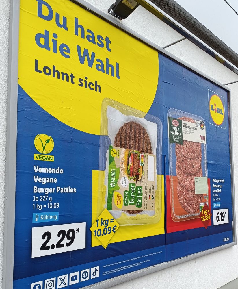 Discounter ad, Veggie burger pattie option 10,09€/kg
Climate change option 12,38€/kg