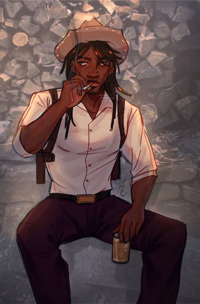 a sketch-over of a photo with seamus sitting slumped over, cigarette held to his mouth, the other hand holding a nondescript beer can. he has several golden facial piercings, and matching loc cuffs made from bullet casings. he’s wearing a tan cowboy hat and shoulder holsters