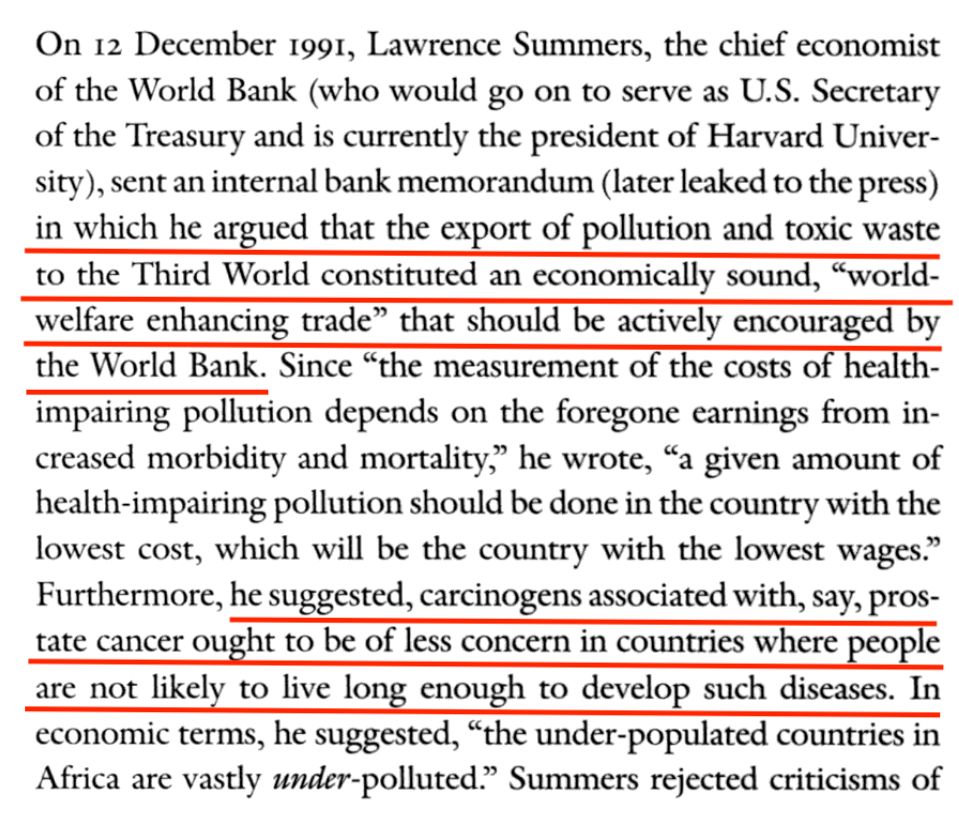 Description of Larry Summer's claim that it would be "economically sound" to ship toxic waste to "Third World" countries.
