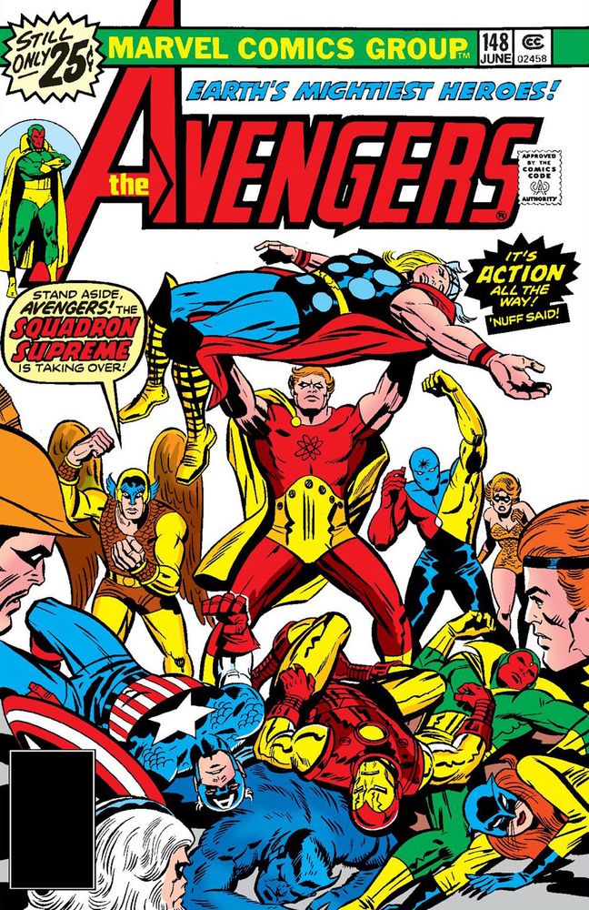 Avengers #148 (June 1976) cover pencils by Jack Kirby and inks by Mike Esposito. The Squadron Supreme stand tall while the Avengers lay at their feet. Hyperion lifts Thor above his head. 