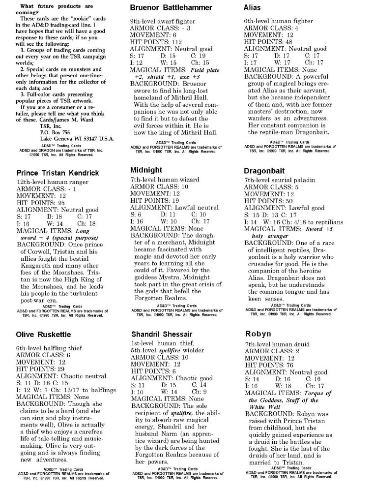 Back side (with text) of TSR Trading cards (originally from Dragon #160; August 1990).