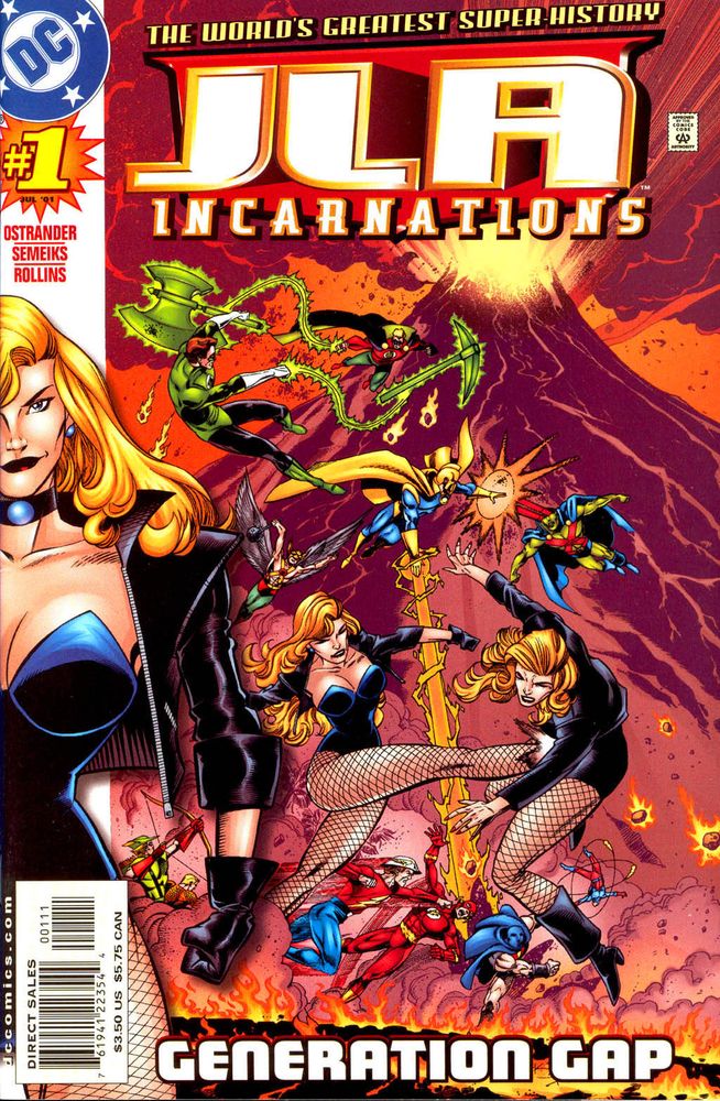 JLA Incarnations #1 (July 2001). Cover pencils by Val Semeiks, inks by Prentis Rollins, colours by John Kalisz, and letters by Todd Klein. it's the JLA vs the JSA