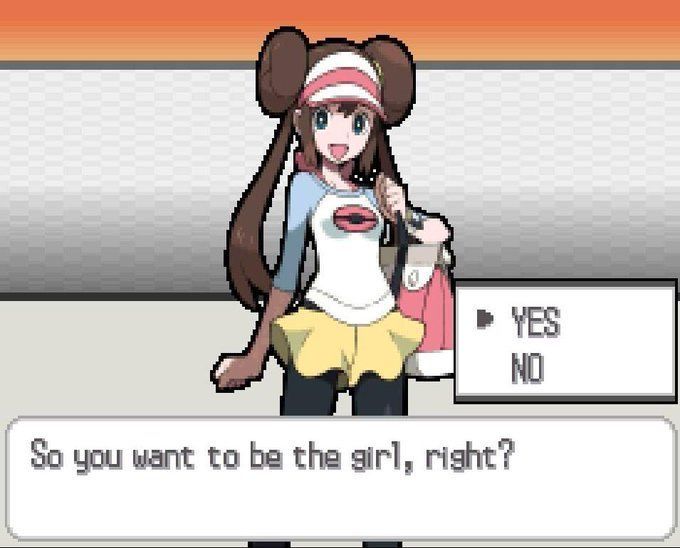 Pokémon character screen saying “so you want to me the girl, right?” With the pointer pointing to “YES” in capital letters. A long-haired girl in a skirt looks delighted.