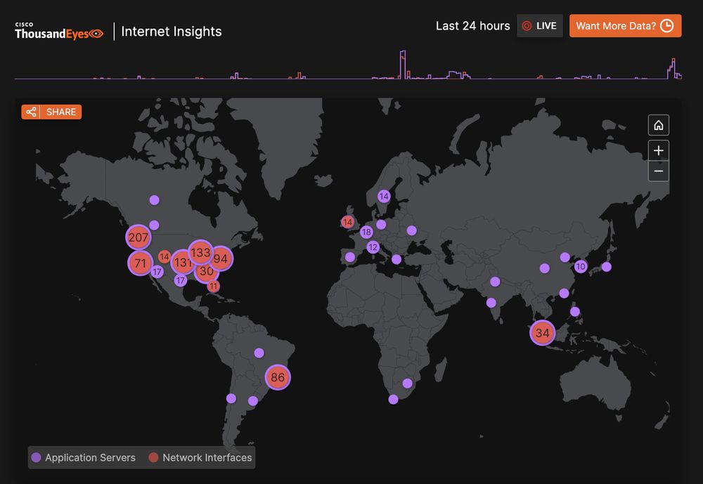 Internet outages map showing a normal, background level of infrastructure failures for most of the globe, but a whole lot of huge circles over the USA