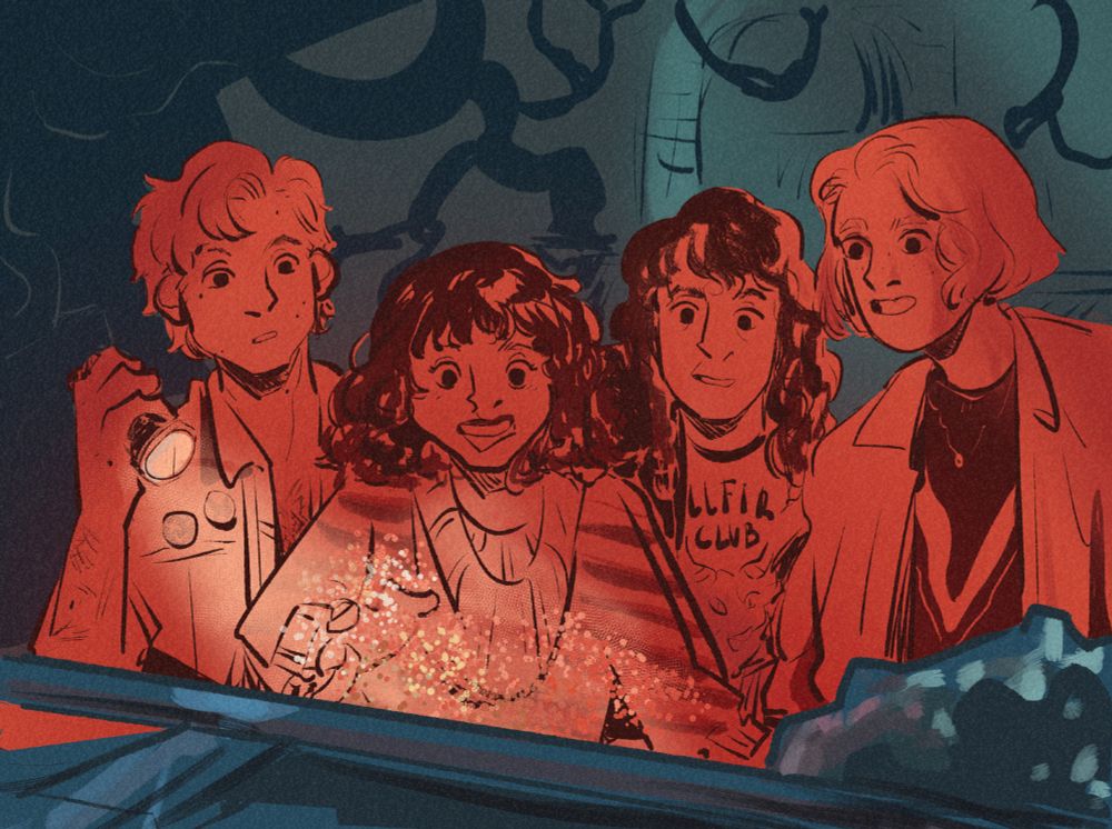 Digital drawing of a scene from Stranger things season 4: Part 1 in which Steve, Nancy, Eddie and Robin are looking awestruck at some sparkling lights in the Upside-Down, in the midst of rubble and vines. The scene is depicted in contrasting blue and red tones.