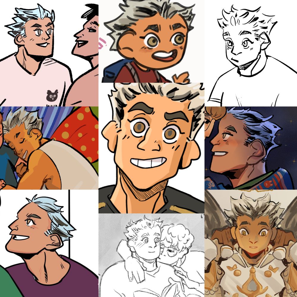 Mosaic composition with nine pics of art I've made of Bokuto from Haikyuu.
