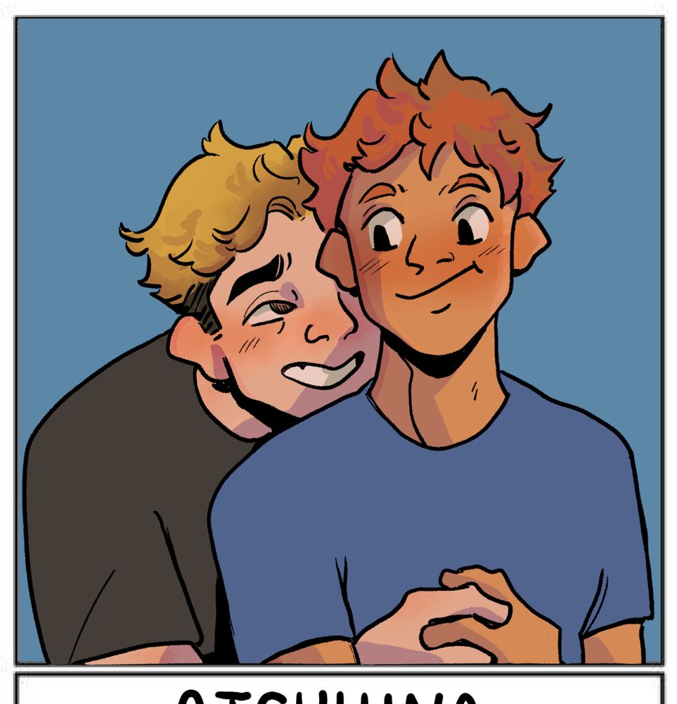 Digital drawing brightly colored depicting Atsumu and Hinata from Haikyuu. Atsumu has his face pressed against Hinata's back and an arm around his waist. They are smiling to each other and holding hands.