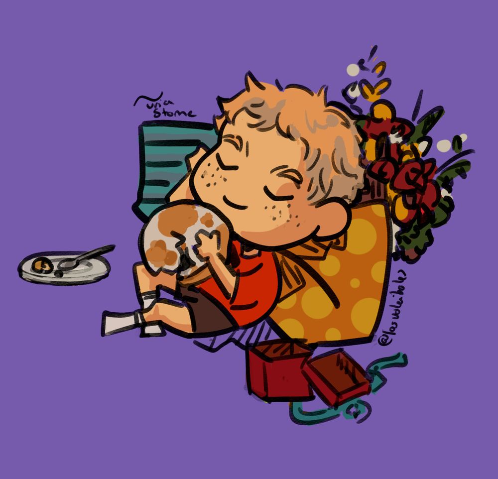 Doodle of Yaku napping in chibi-style, he is surrounded by presents and holding a cat.