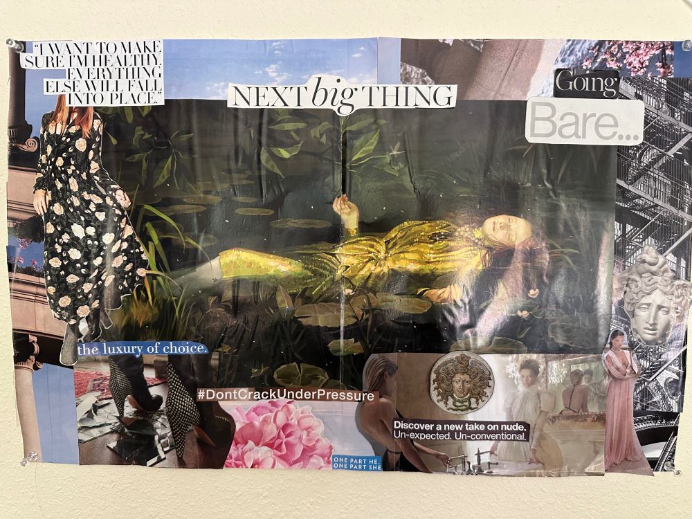 A collage depicting an image of Ophelia in the center and various imagery of flowers, medusa, and other women around it.