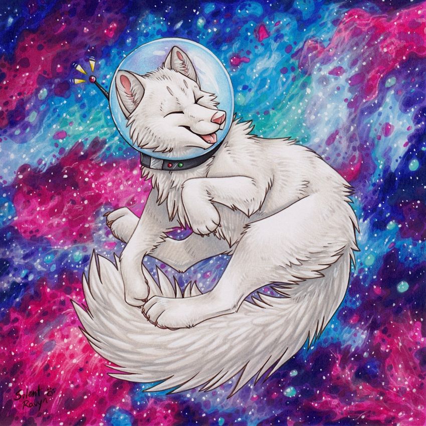 A happy white fox in a space helmet floats through a colourful galaxy 