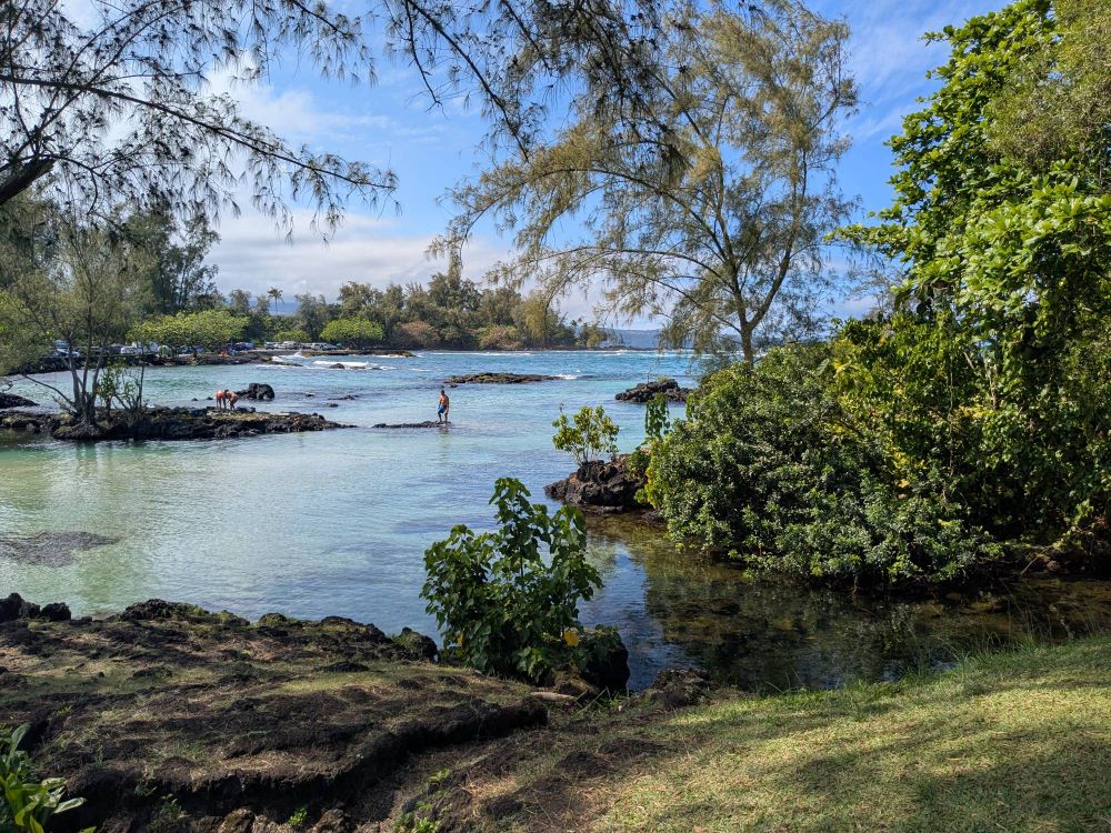 A view of a Rocky beach with clear blue pools of calm water 