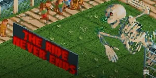 Mr. Bones’ wild ride sign saying. “The ride never ends” there is a massive skeleton in a too hat tipping pose ln the right.