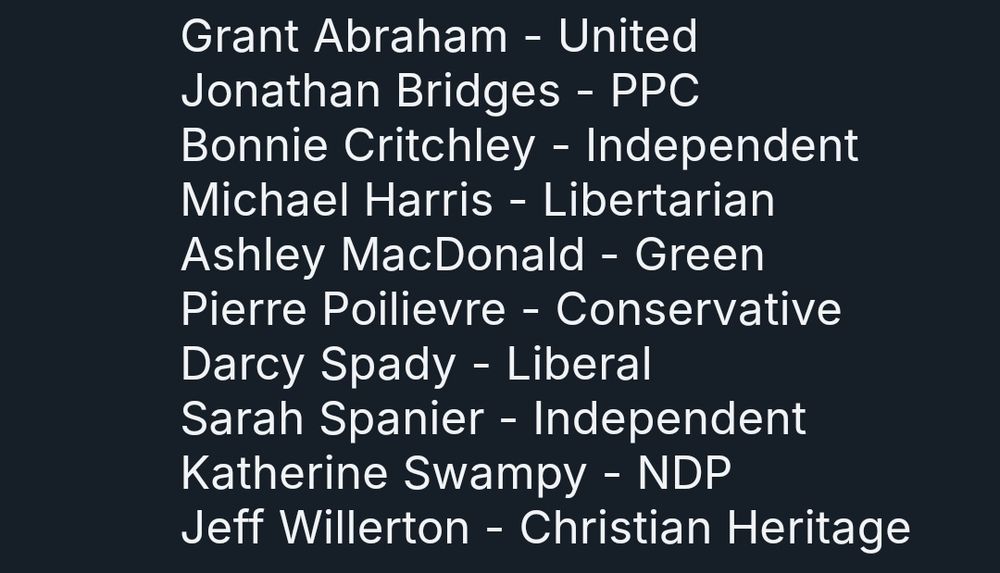 Grant Abraham - United
Jonathan Bridges - PPC
Bonnie Critchley - Independent 
Michael Harris - Libertarian 
Ashley MacDonald - Green
Pierre Poilievre - Conservative
Darcy Spady - Liberal
Sarah Spanier - Independent
Katherine Swampy - NDP
Jeff Willerton - Christian Heritage