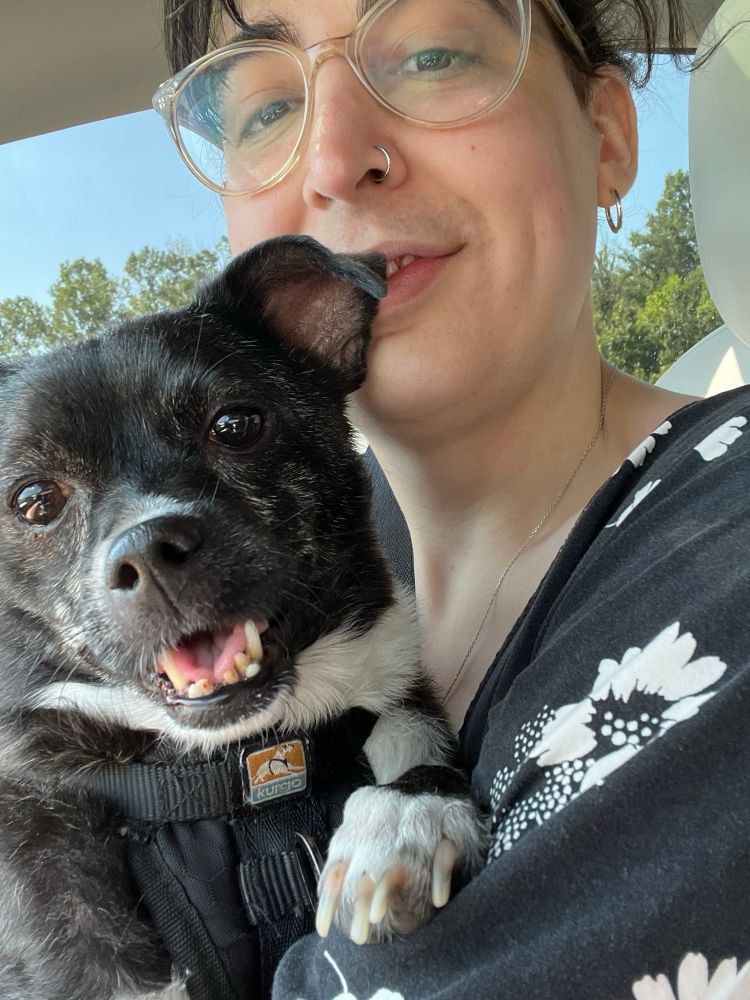 My dog panda smiling in Liv’s lap