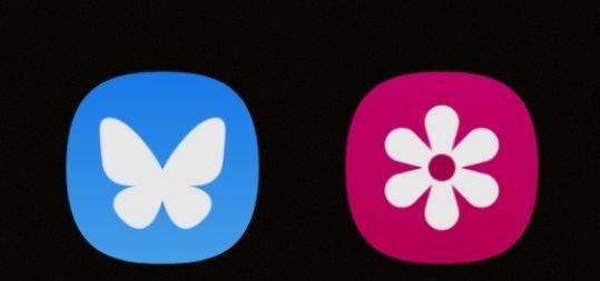 White butterfly icon on blue background next to white flower icon on pink background