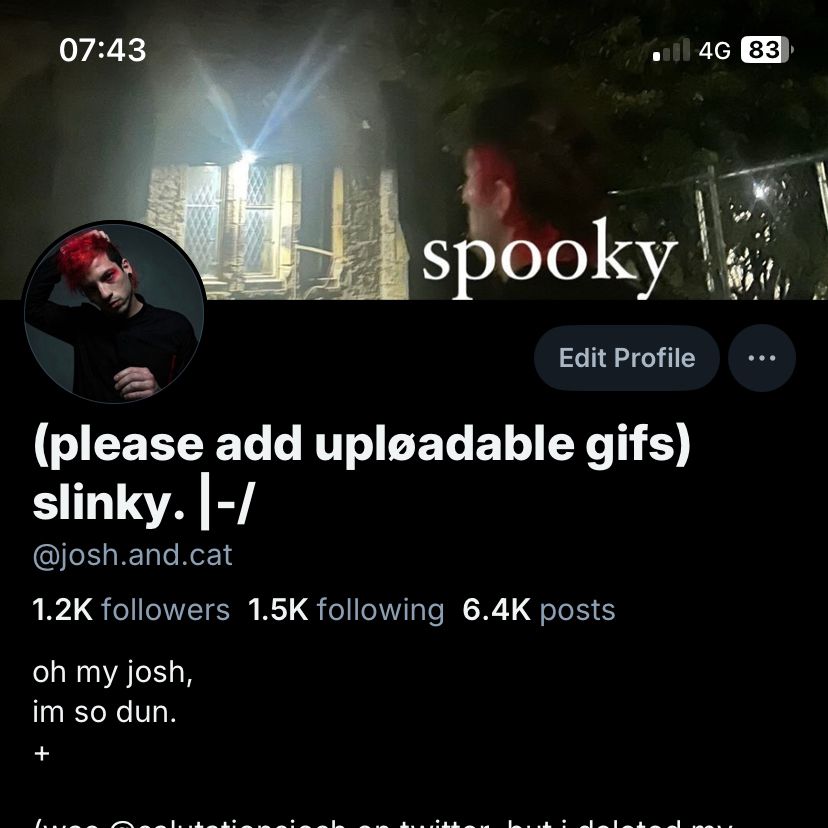 my new bsky layout.

pfp - spooky josh, with his right hand on his head

banner - spooky josh looking at a building at night. underneath, it says "spooky".