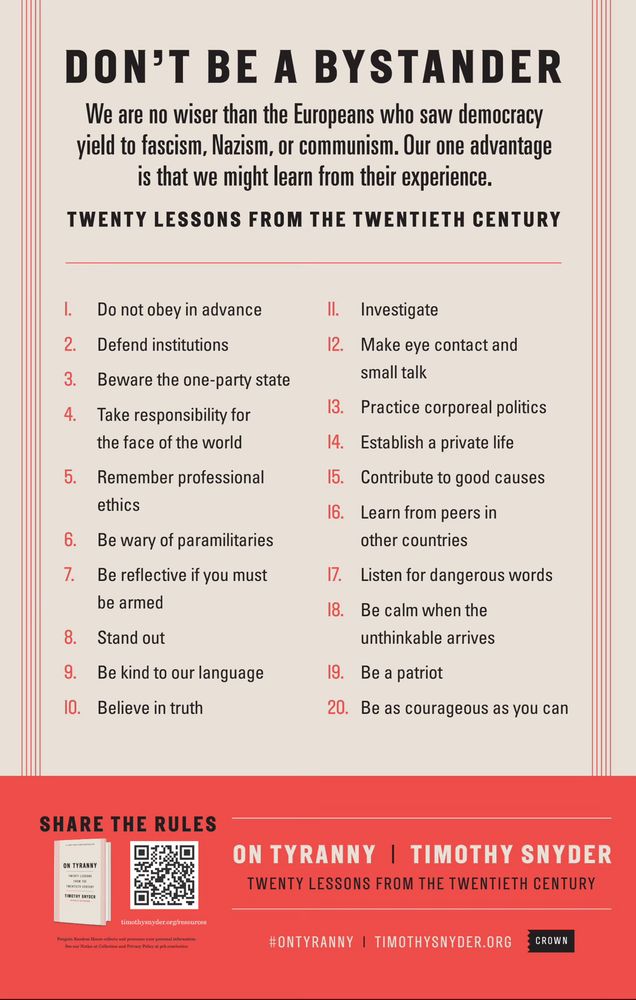 list of TWENTY LESSONS FROM THE TWENTIETH CENTURY from the book On Tyranny by T Snyder.