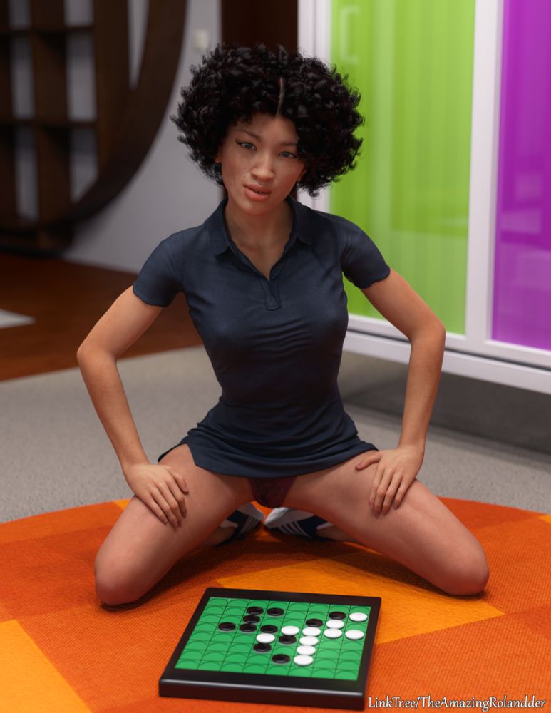 Ethnically ambigious woman kneeling on the floor, her legs spread apart and her T-shirt dress riding up enough that her panties are very visible.  Her hands are placed on her thighs to try and draw attention to that.  In front of her, a board of the game Othello is set up with the pieces mid-game.  She's giving the viewer a cocky, daring smile as if she has a very particular answer to her question.  A sexual one.  Because you can put... you get it, right?  Put it?   Like fucking?  Yeah, you get it.  Explained jokes are the best.