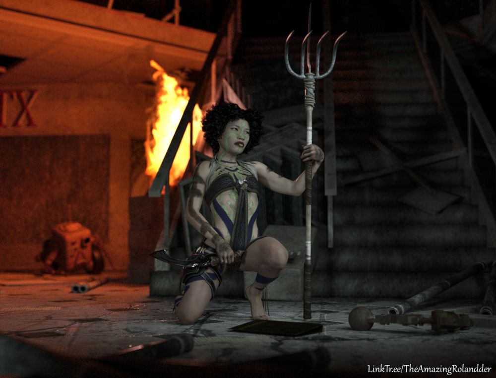 Ethnically ambiguous woman crouches in ruins in a mall, a staircase cluttered with junk behind her.  A fire roars behind/beside the staircase revealing a broken box-robot and boarded up store.  She is holding a sharp knife in a reverse grip in her right hand, a spear/gardening fork in her left held upright as though to steady herself, though the grip is loose.  She's covered in vaguely tribal paint and is wearing a small cloth top with a length of cloth dangling over her stomach, and a thin bikini-style leather bottom. Right knee is on the ground, left knee is high, her feet prepared to leap in to action.  Her expression is pensive.