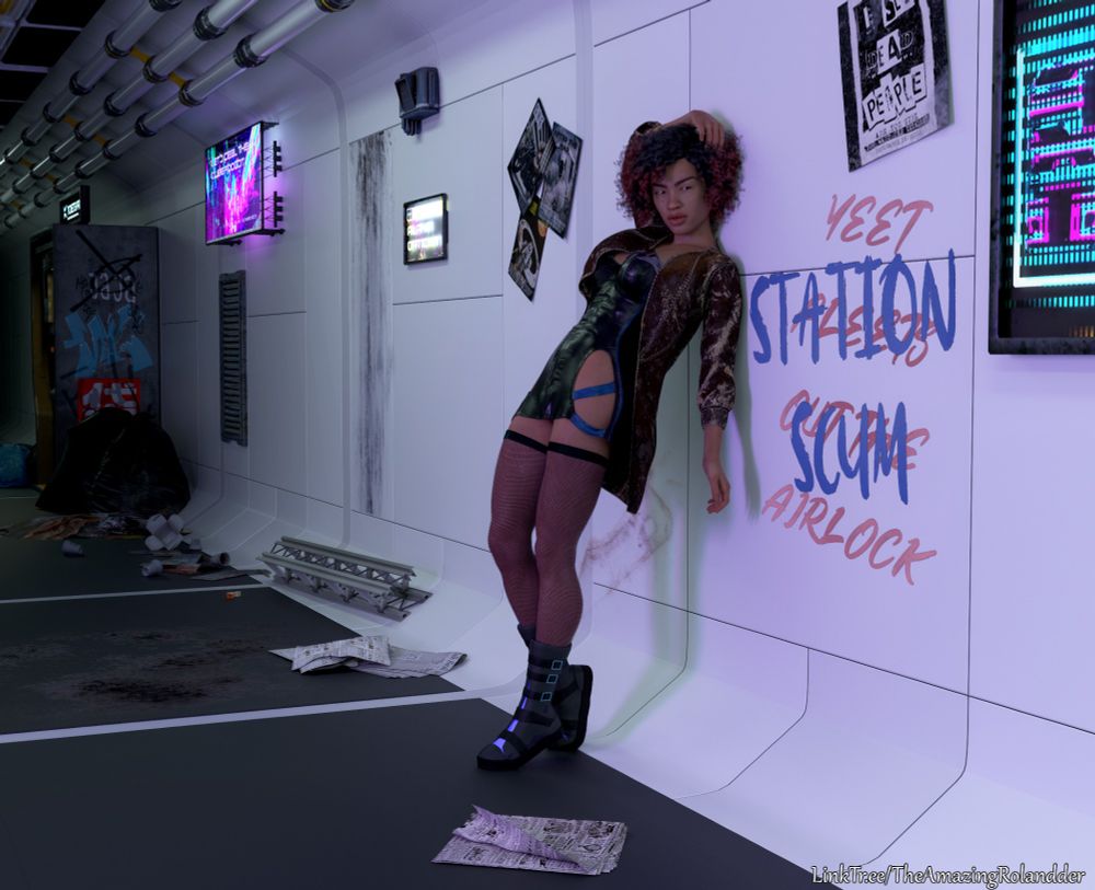 Ethnically ambigious woman leaning against a smooth metal/plastic wall in a corridor.  The corridor is full of trash, posters, filth, and graffiti reading "Yeet Fleets Out The Airlock" and "Station Scum" written over it in a tagging war.  She is wearing a short dress with open sides held together by straps, stockings, half-calf boots, and a leather jacket..  