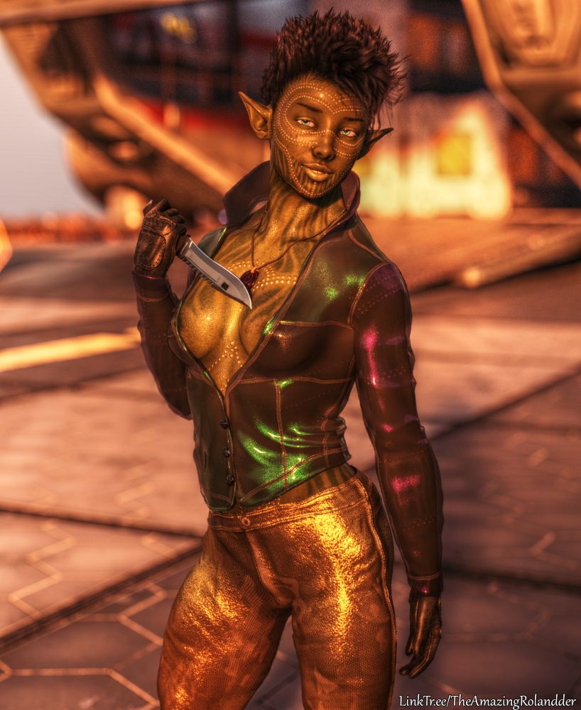 Green or woman wearing a half-unzipped black leather/pleather/plastic jacket, shiny brown leather pants, and black leather gloves. There is no shirt under her jacket.  She has a knife in her right hand, which is raised so as to drag the pointed tip across her chest in what she hopes is a sexy gesture.  She is smiling and looking in to the camera in an attempt to excite the viewer.  Behind her, a large space ship sits with the cargo bay doors open, showing large cargo containers within.

The lighting is golden from an offscreen sunset, coming from behind the camera.