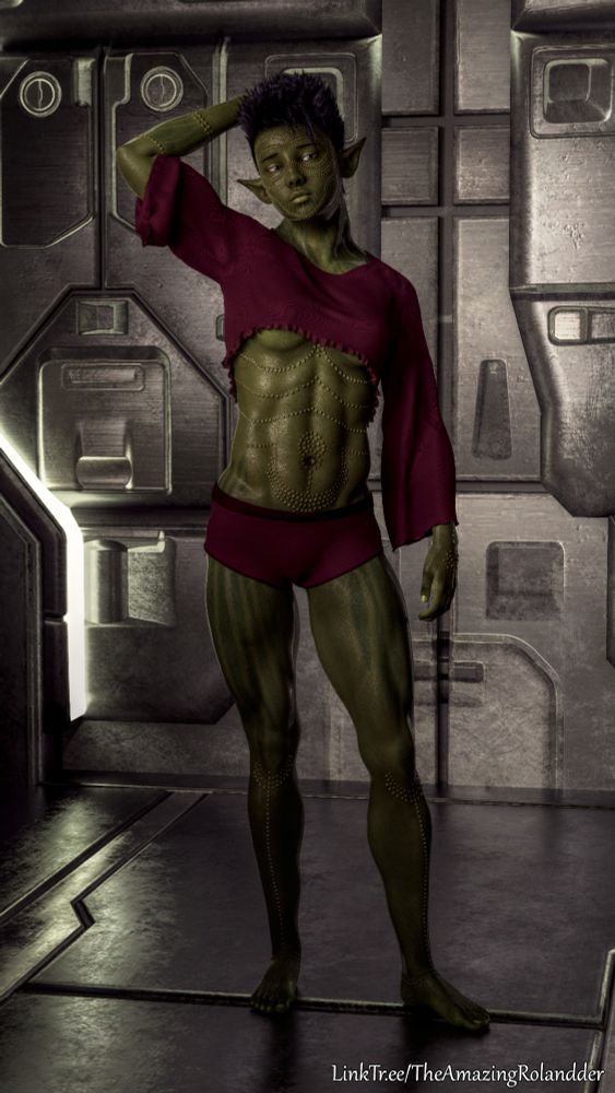 Green orc woman with short hair standing in a sci-fi metal halway in front of a door-airlock.  She is wearing a long sleeve crop top and boyshorts, both red with a purple tinge, both bare feet on the ground.  The outfit is meant to be sleepwear.  Her right arm is up, hand behind her head, her left dangles loose.  The arm lift has raised the shirt enough to see the underside of her breasts.  She is looking off to the viewer's right as though lost in thought.
