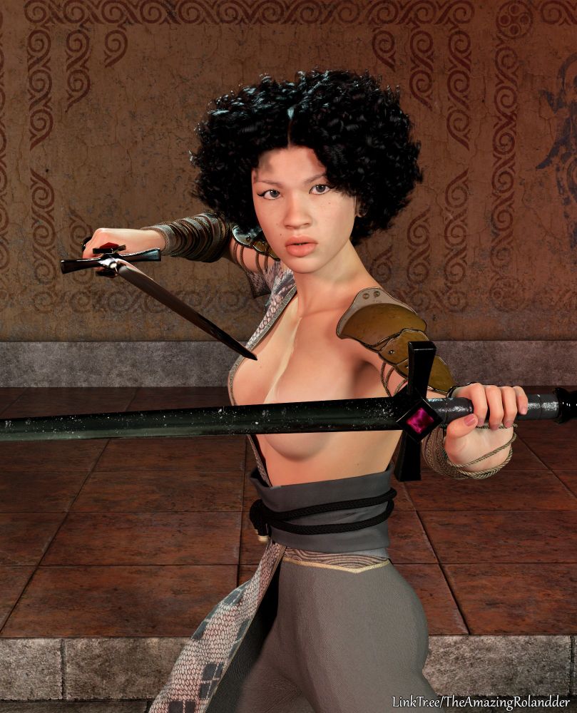 Ethnically ambiguous woman standing turned to the left relative to the camera view, holding two swords while somewhat topless. One breast is entirely exposed, the other behind a her loose robe.  Her nipple is covered by the sword in her left hand, which is extended out far from her body as a shield.  Her right hand has the other sword in a position ready to strike.  Her expression is one of concern.  Behind her is a stone tiled platform and wall with semi-spirals painted on it.